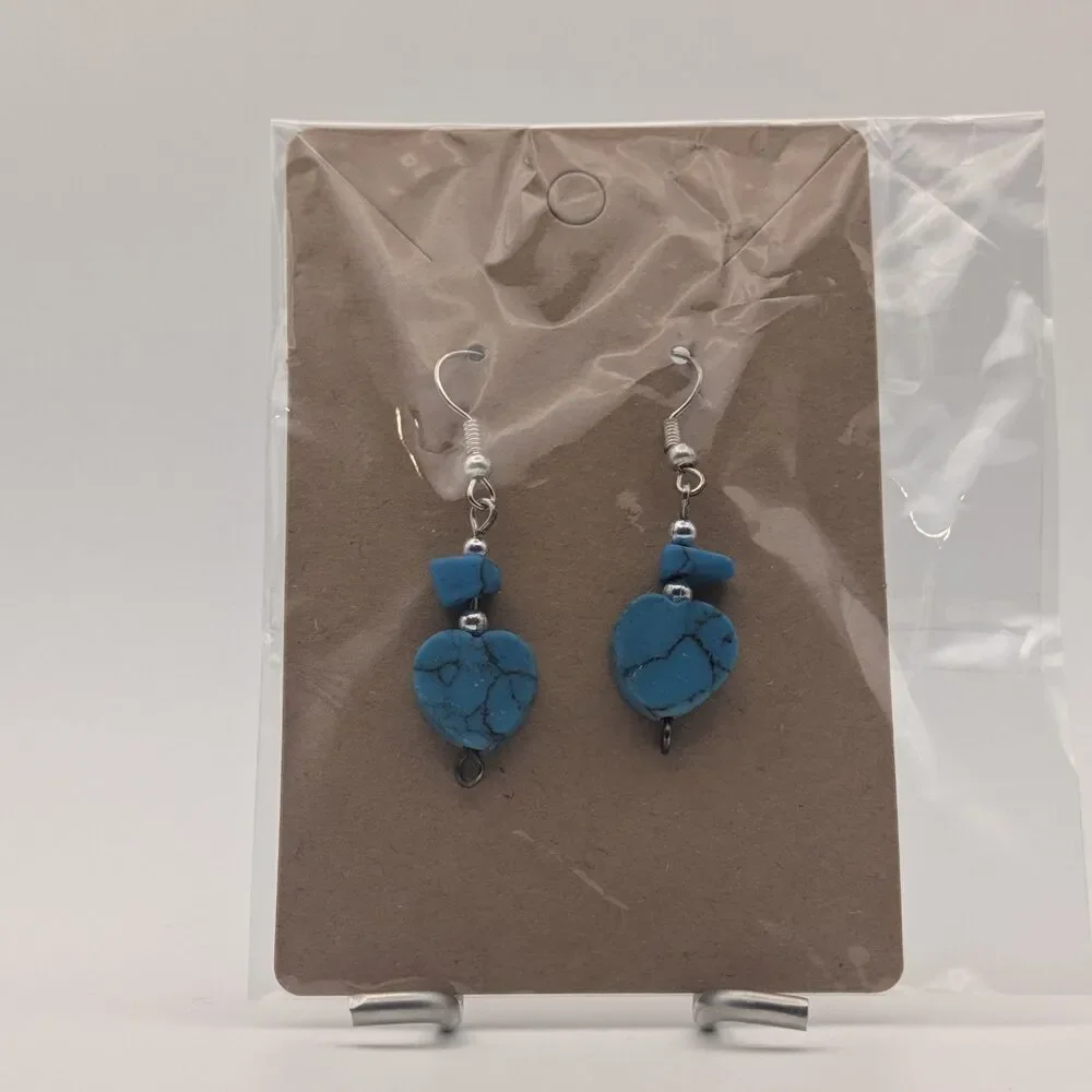 Blue Stone Heart Dangle Earrings – Turquoise Style Beaded Drop Earrings